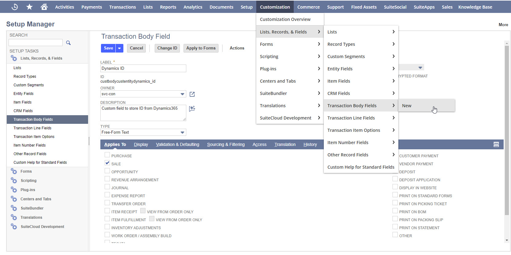 The image shows the Transaction Body Field page.