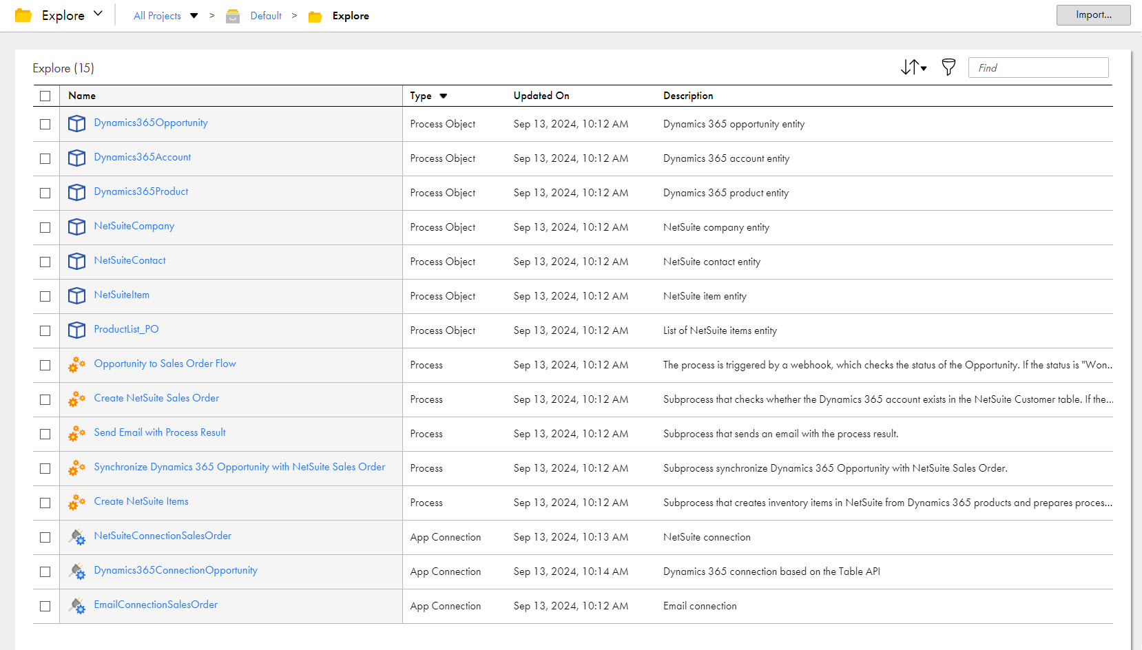 The image shows the assets that the Create NetSuite Sales Orders from Dynamics 365 Opportunities recipe package contains.