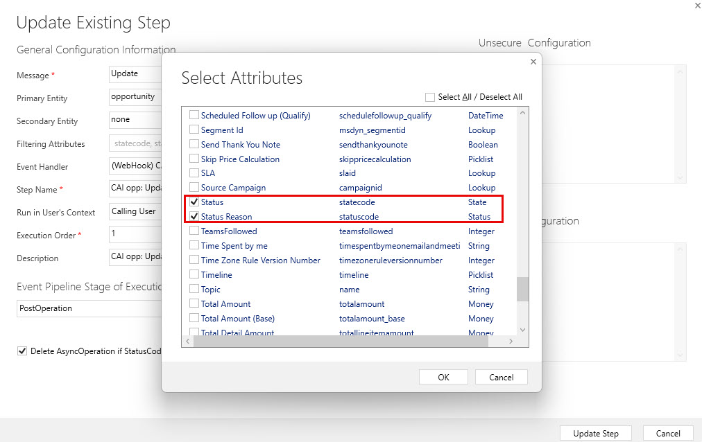 The image shows the Status and Status Reason custom field attributes in the Select Attributes dialog box.