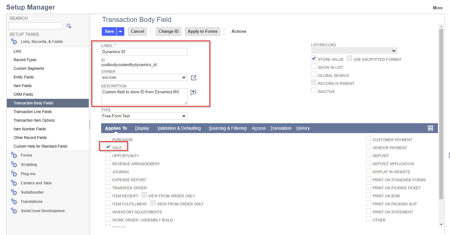 The image shows the fields to configure on the Transaction Body Fields page.