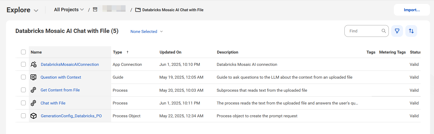 The image shows the assets that the Databricks Mosaic AI Chat with File recipe package contains. The image shows the assets that the Databricks Mosaic AI Chat with File recipe package contains.