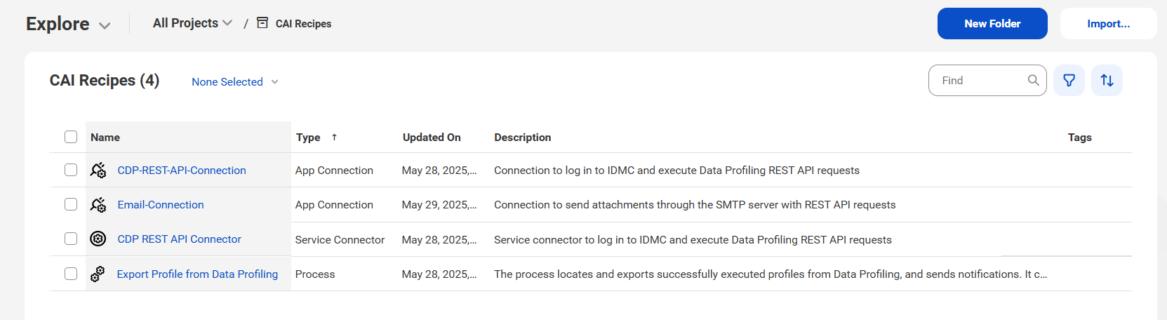 The image shows the assets that the Exporting Profiles from IDMC Data Profiling recipe package contains.