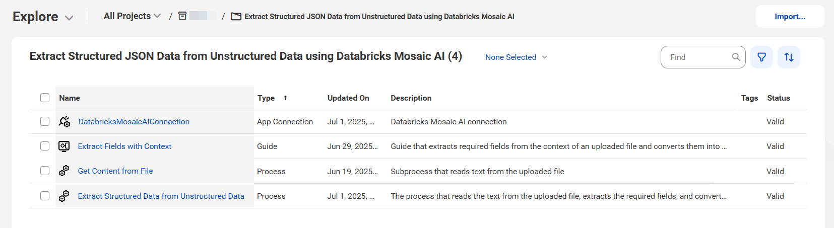 The image shows the assets that the Extract Structured JSON Data from Unstructured Data using Databricks Mosaic AI recipe package contains.