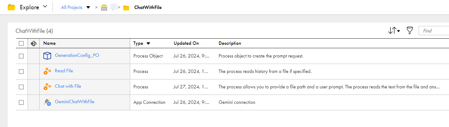 The image shows the assets that the GeminiAI Chat with File recipe package contains.