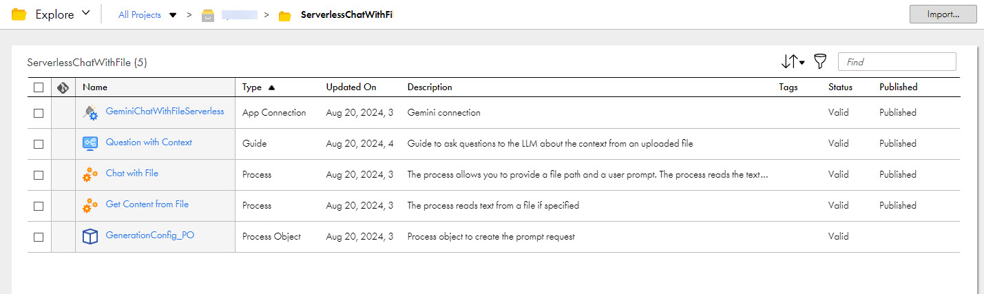 The image shows the assets that the GeminiAI Chat with File using Guide recipe package contains.