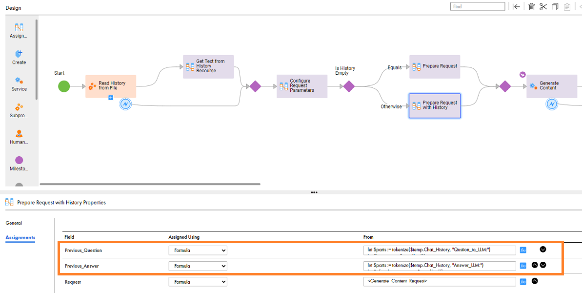 The image shows the assignments of the Previous Question and Previous Answer fields.