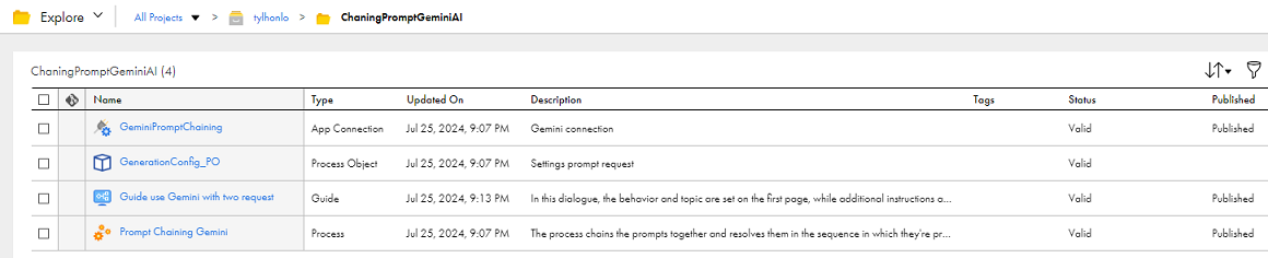 The image shows the assets that the GeminiAI Prompt Chaining recipe package contains.