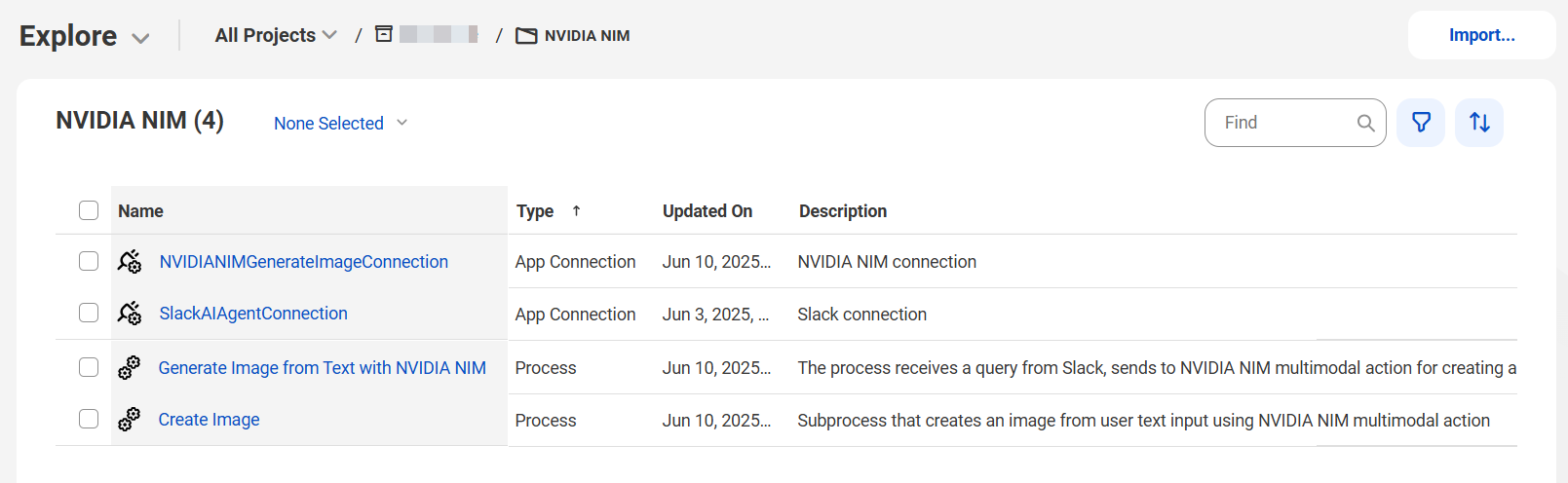 The image shows the assets that the Generate Image with NVIDIA NIM recipe package contains. The image shows the assets that the Generate Image with NVIDIA NIM recipe package contains.