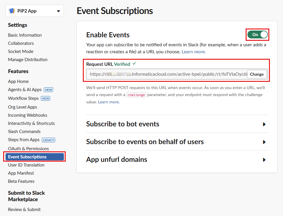 The image shows the Event Subscriptions dialog box where you can enter the service URL after publishing the process.