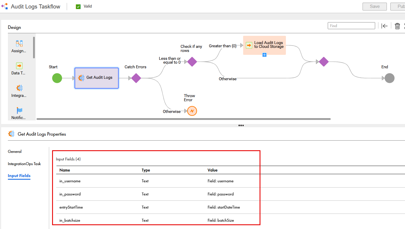 The image shows the input fields configured for the Get Audit Logs step in the Audit Logs Taskflow taskflow.