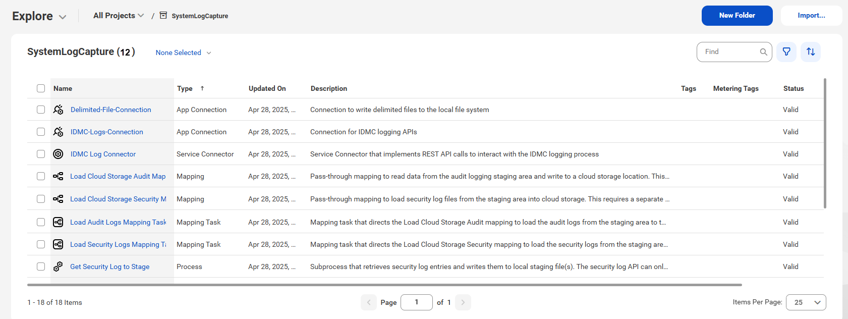 The image shows the assets that the IDMC System Log Capture recipe package contains. The image shows the assets that the IDMC System Log Capture recipe package contains.