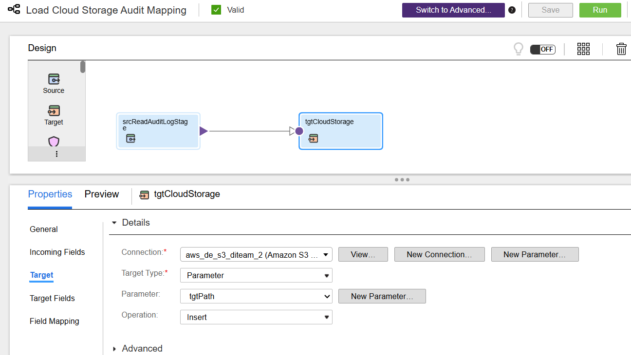 This image shows the cloud storage connection selected on the Target tab of the tgtCloudStorage step.