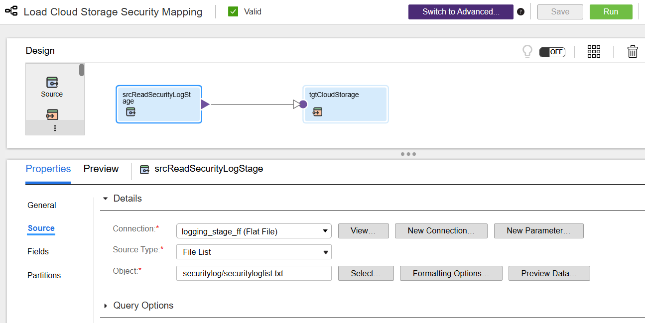 This image shows the flat file connection and the object selected in the Source tab of the srcReadSecurityLogStage step.