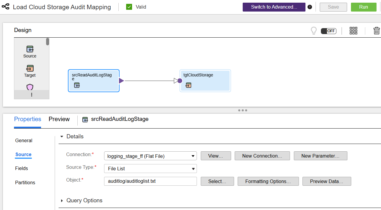 This image shows the flat file connection and the object selected in the Source tab of the srcReadAuditLogStage step.