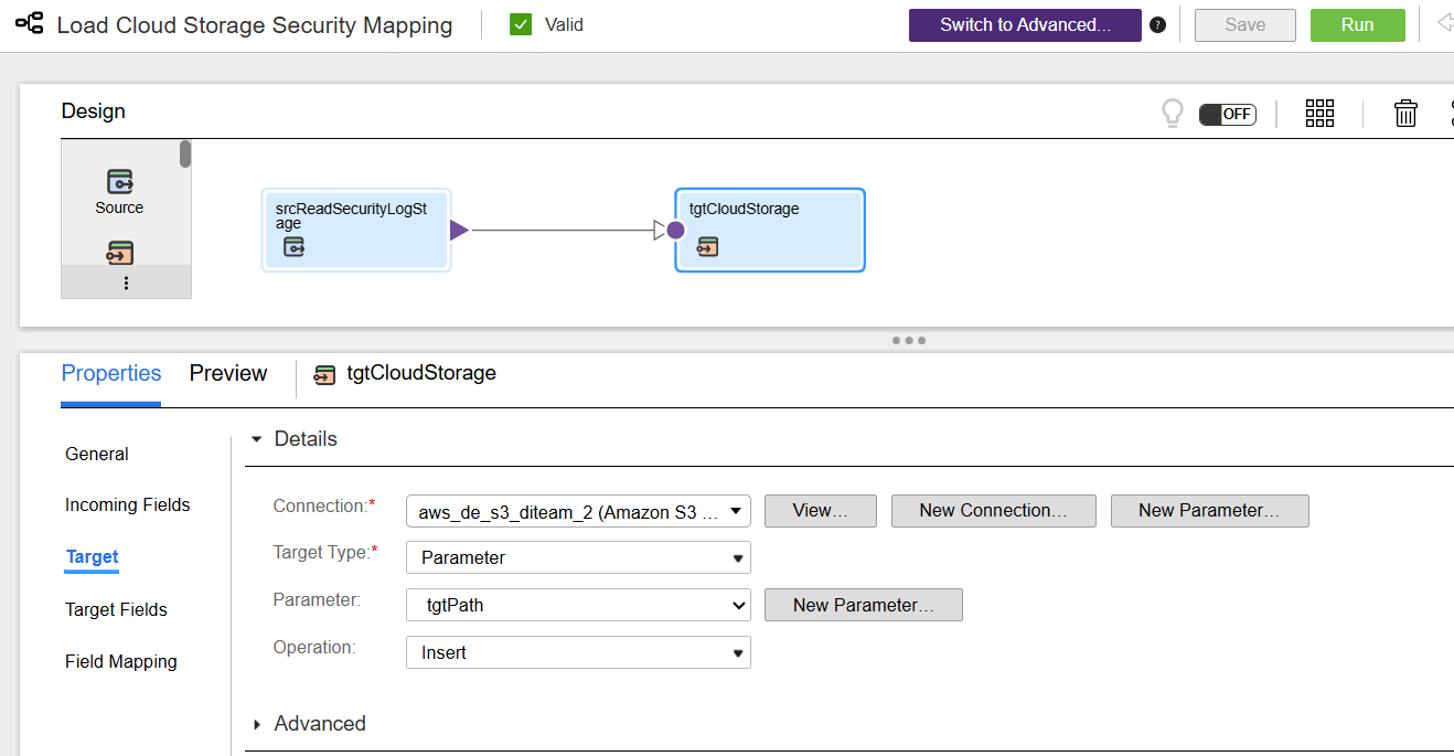 This image shows the cloud storage connection selected on the Target tab of the tgtCloudStorage step.