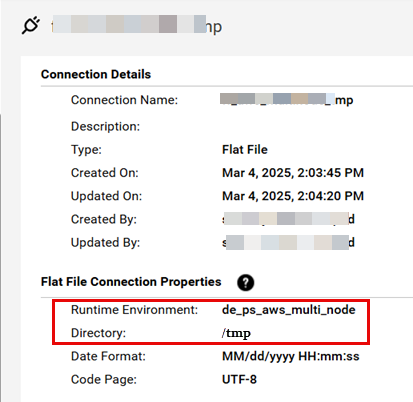 This image shows a sample flat file connection that contains the staging directory and the Secure Agent configured.