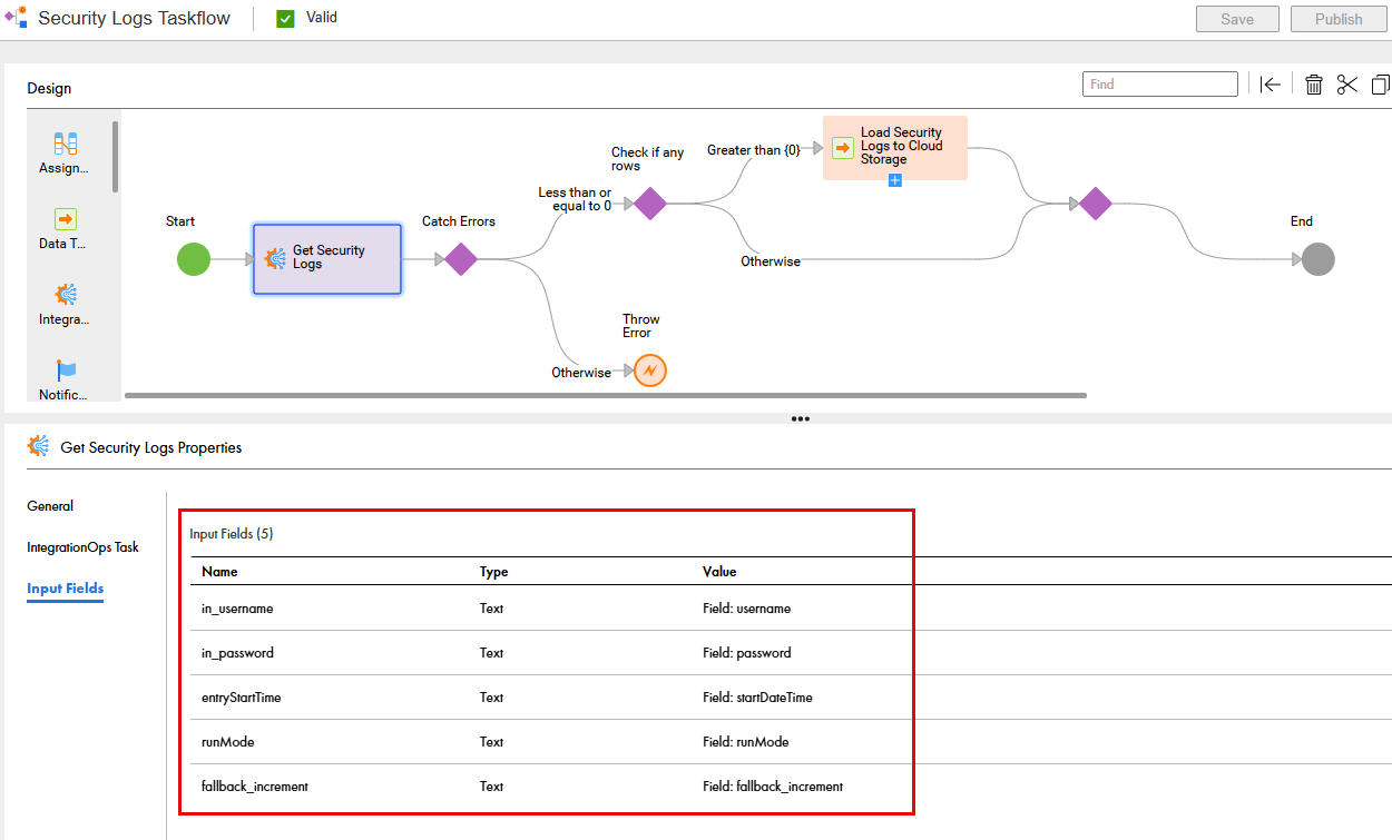 The image shows the input fields configured for the Get Security Logs step in the Security Logs Taskflow taskflow.