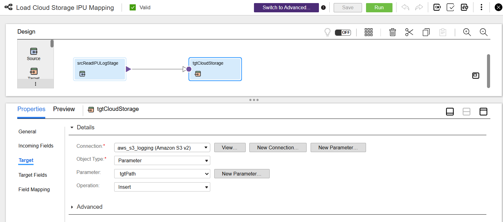 This image shows the cloud storage connection selected on the Target tab of the tgtCloudStorage step.