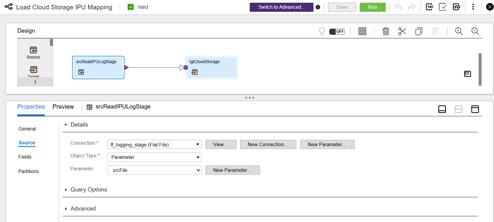 This image shows the flat file connection and the object selected in the Source tab of the srcReadIPULogStage step.
