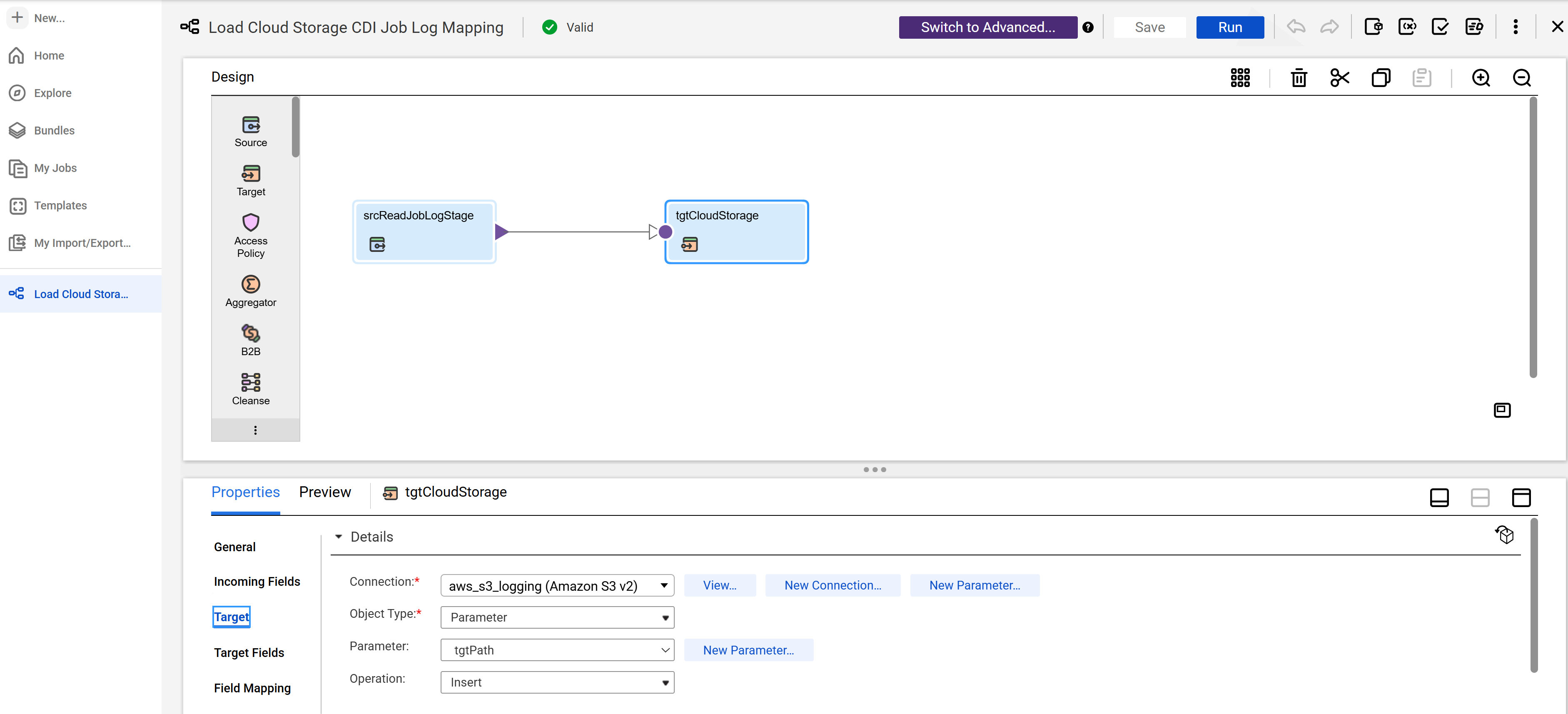 The cloud storage connection selected on the Target tab of the tgtCloudStorage step.