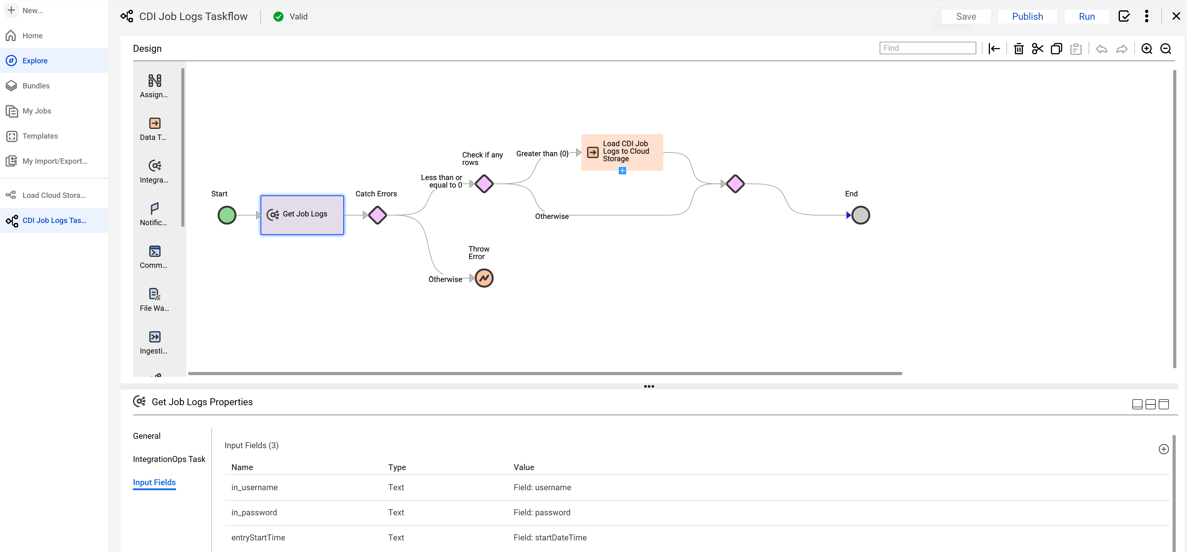 The input fields configured for the Get Job Logs step in the CDI Job Log Taskflow taskflow.