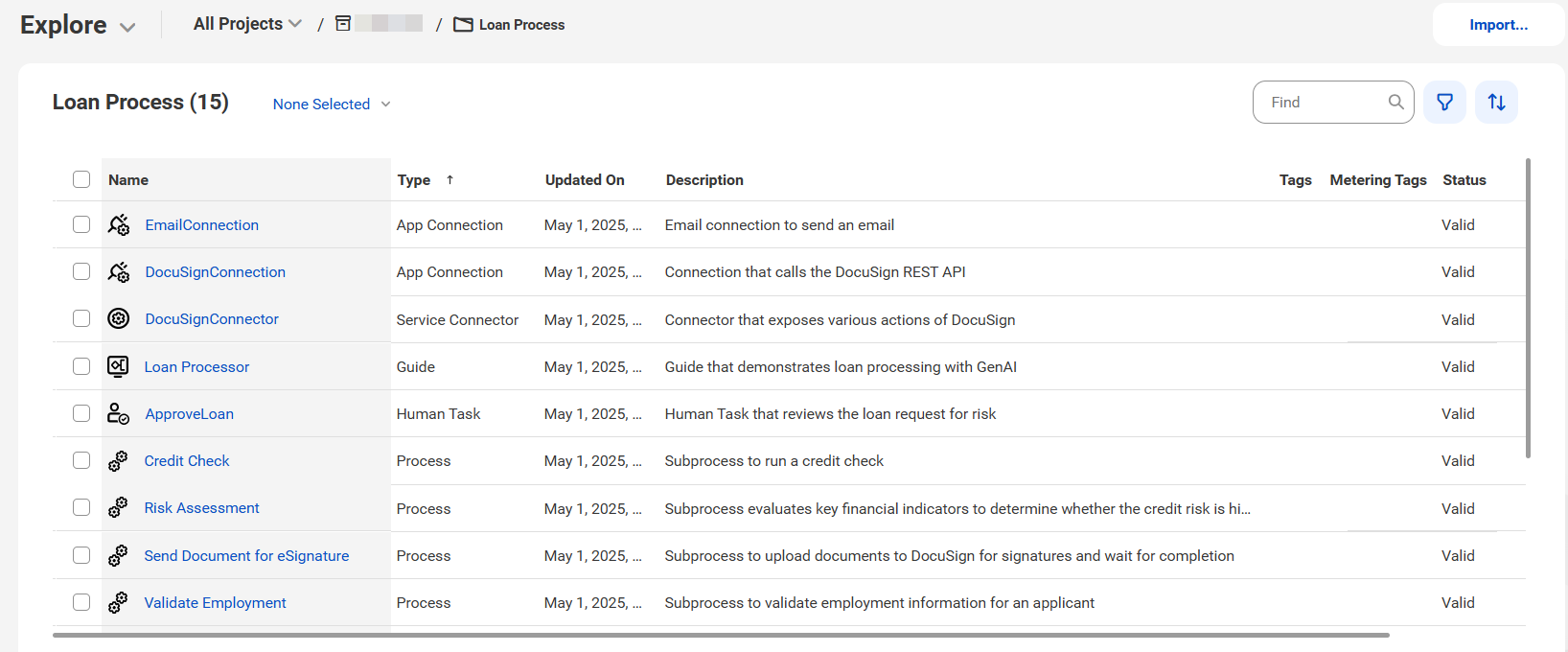 The image shows the assets that the Loan Processing recipe package contains. The image shows the assets that the Loan Processing recipe package contains.