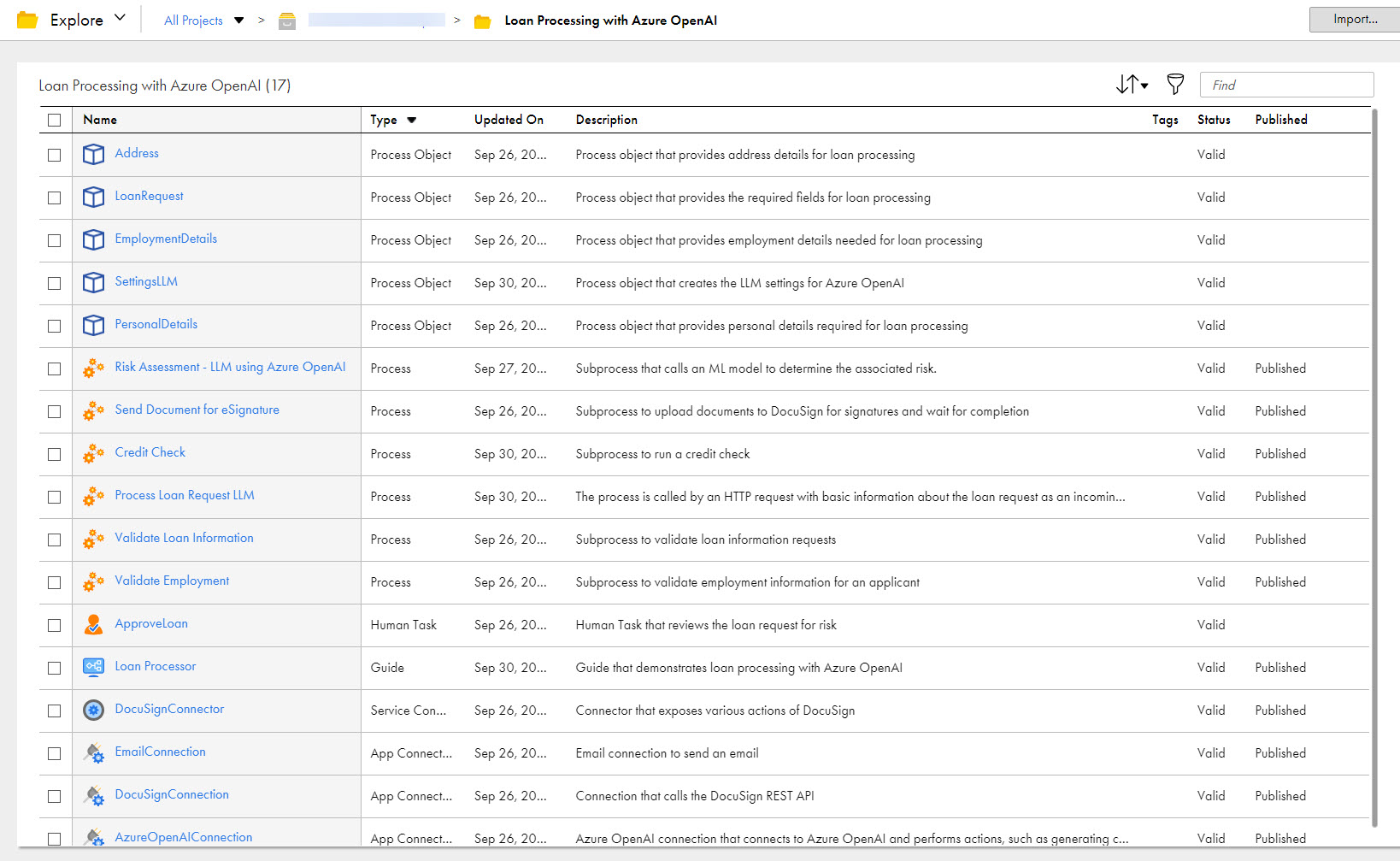 The image shows the assets that the Loan Processing with Azure OpenAI recipe package contains.