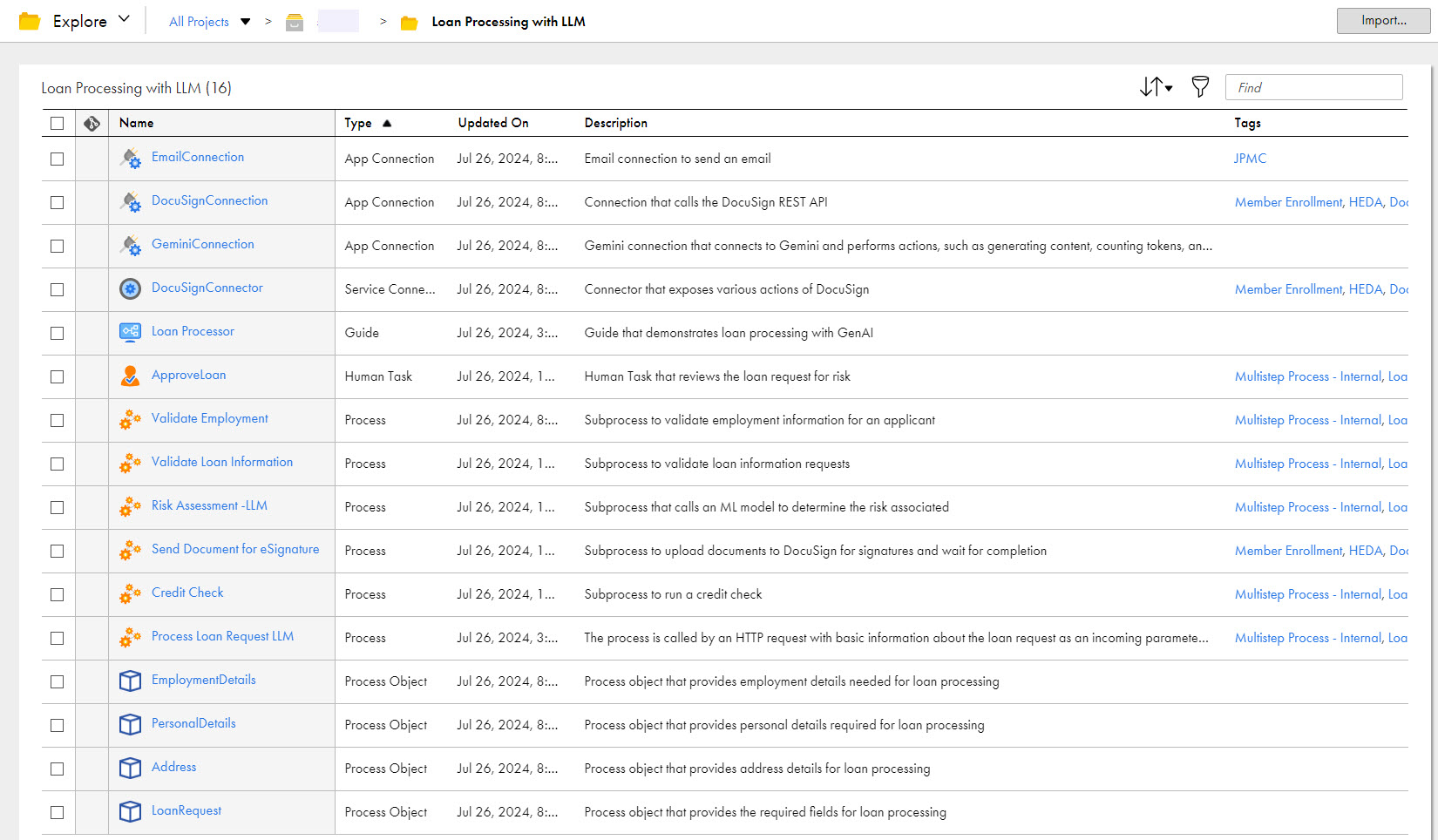 The image shows the assets that the Loan Processing with GenAI recipe package contains.