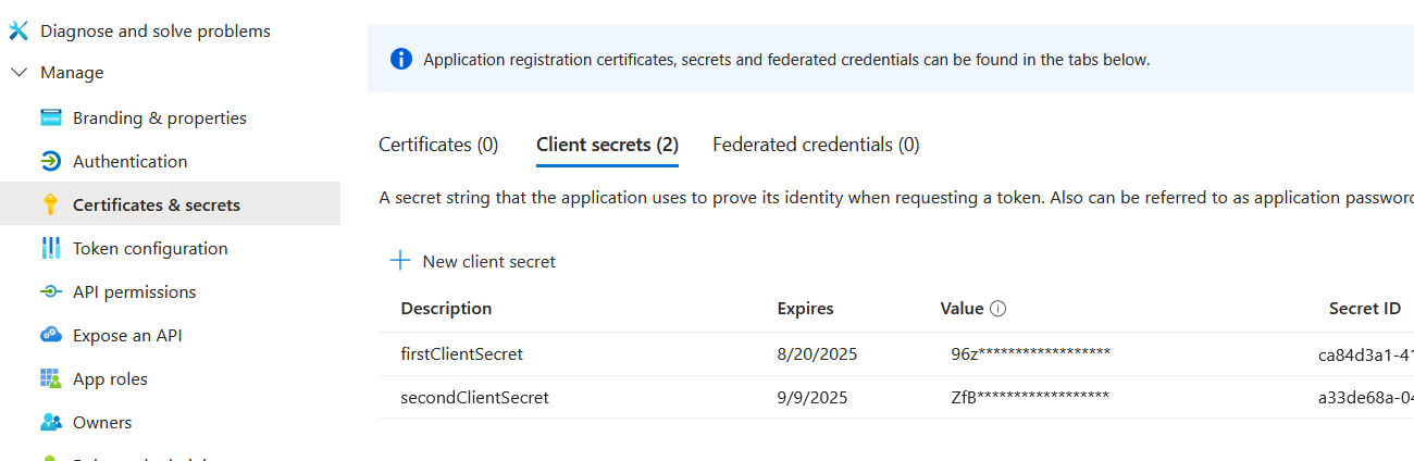 The image shows the Client secrets section.