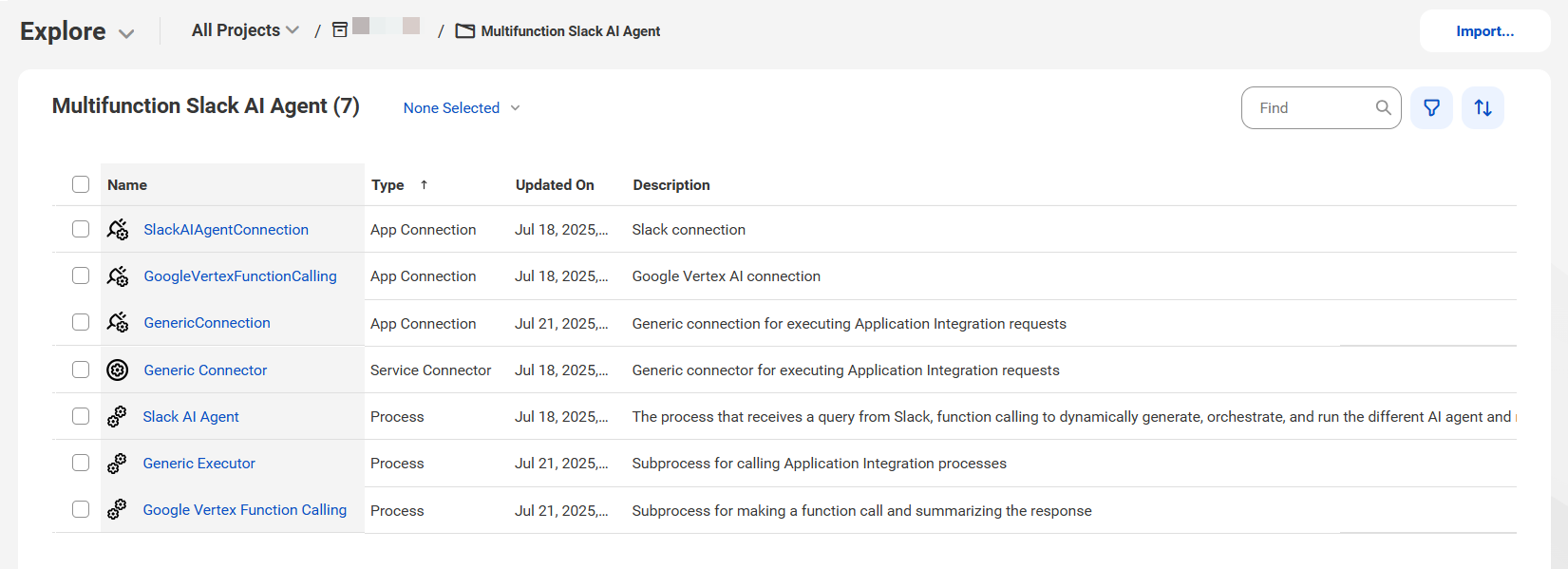The image shows the assets that the Multifunction Calling using Slack AI Agent recipe package contains. The image shows the assets that the Multifunction Calling using Slack AI Agent recipe package contains.