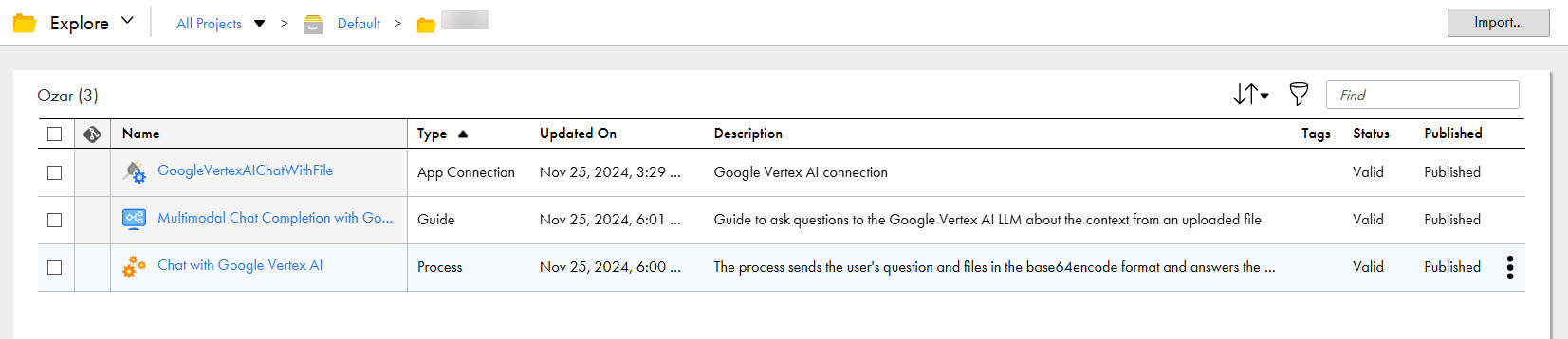 The image shows the assets that the Multimodal Chat Completion with Google Vertex AI recipe package contains.