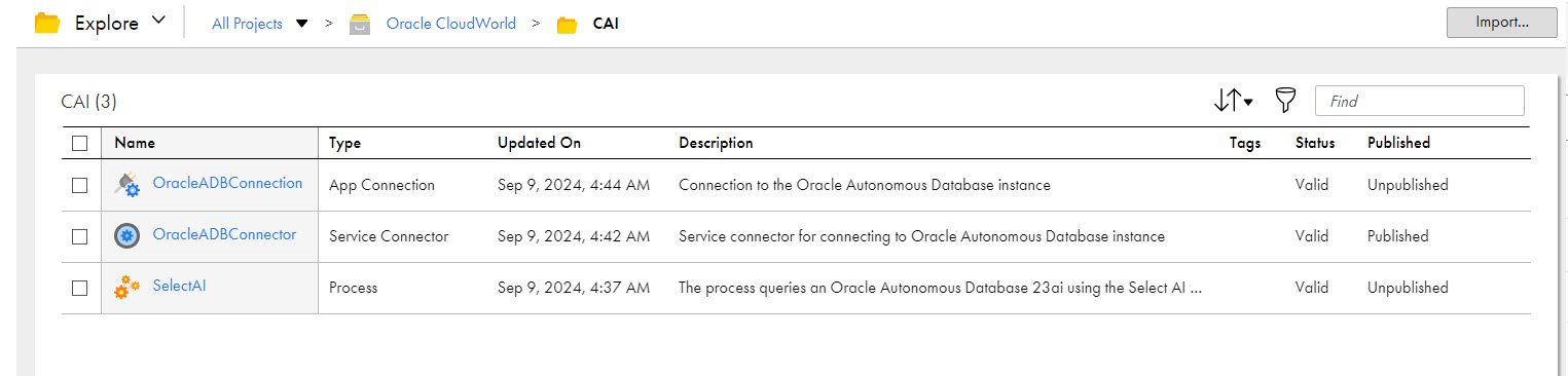 The image shows the assets that the Natural Language Interaction with Oracle Select AI recipe package contains.