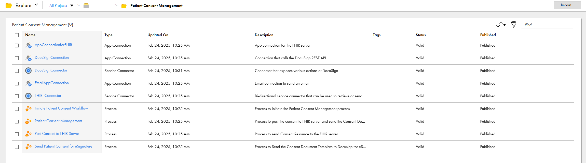 The following image shows the Patient Consent Management recipe contents. The assets include FHIR, Docusign, and email app connections; Docusign and FHIR service connectors; and processes.