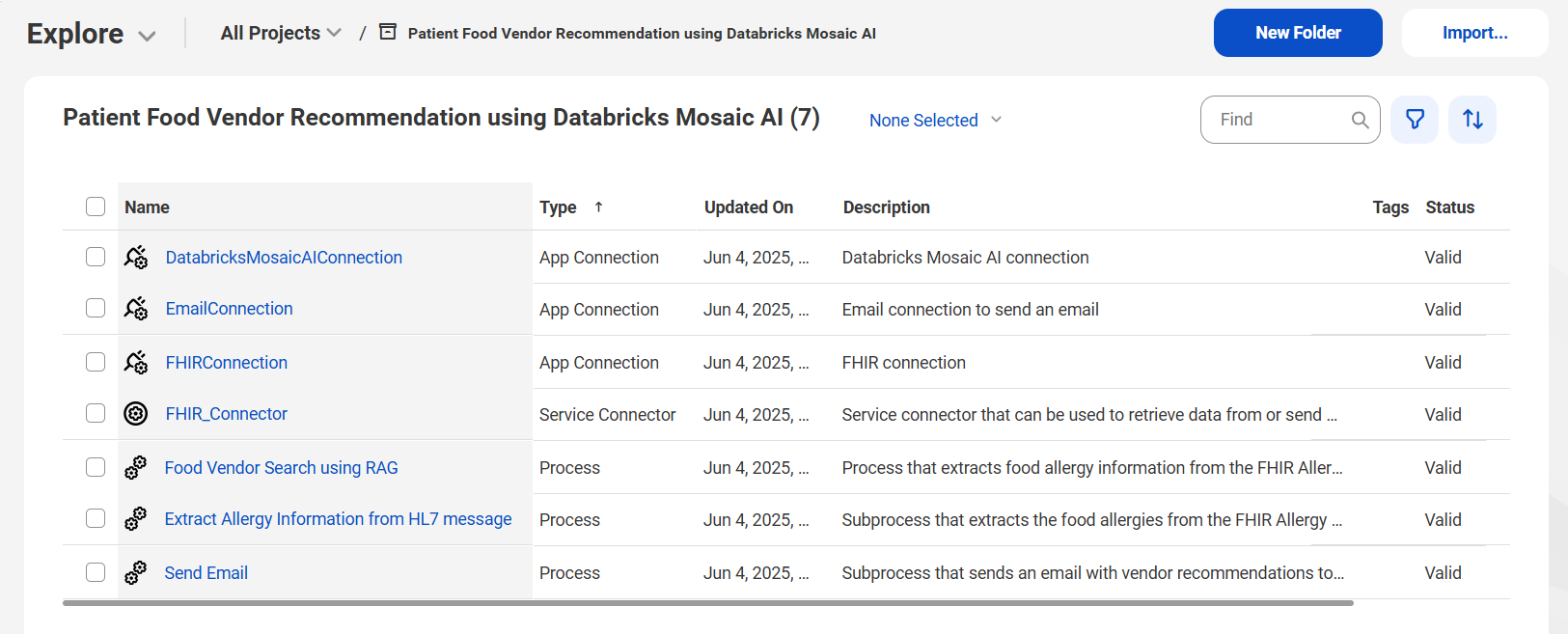 The image shows the assets that the Patient Food Vendor Recommendation using Databricks Mosaic AI recipe package contains.