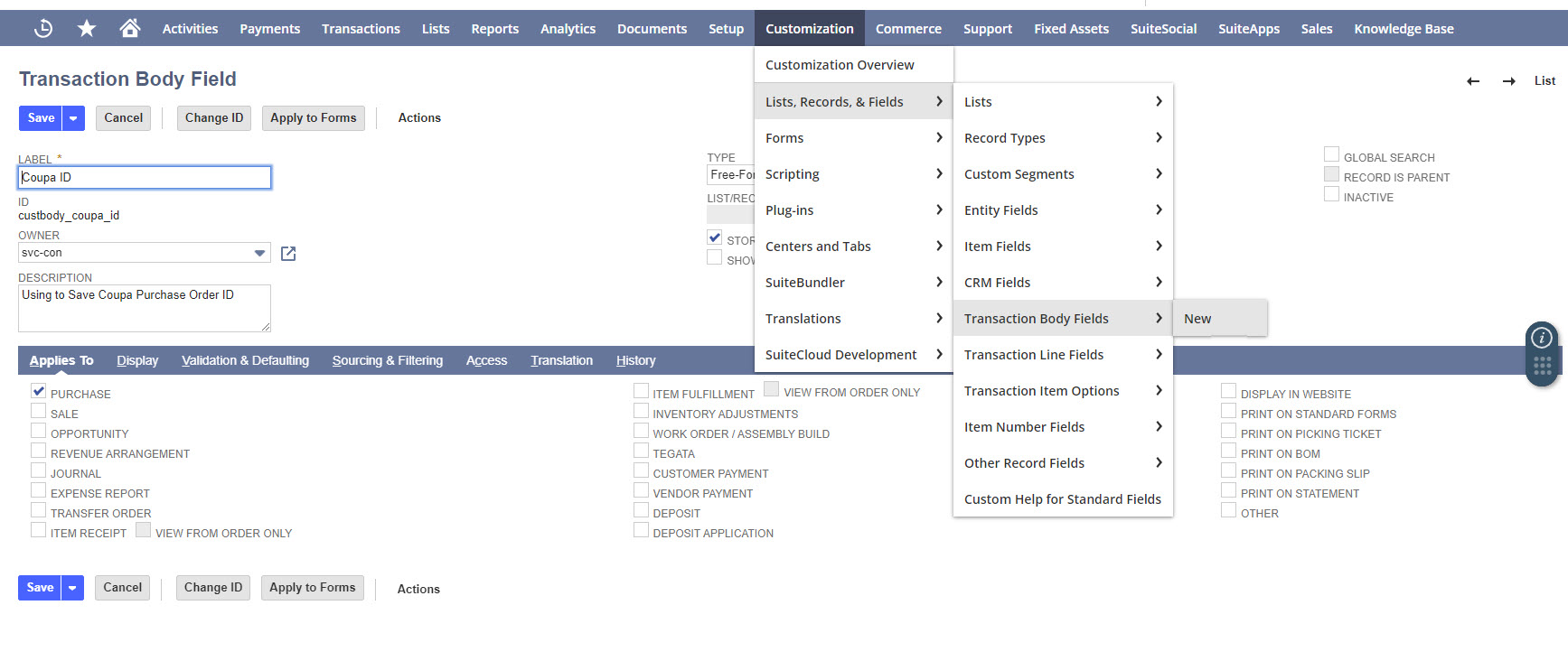 The image shows the Transaction Body Field page.