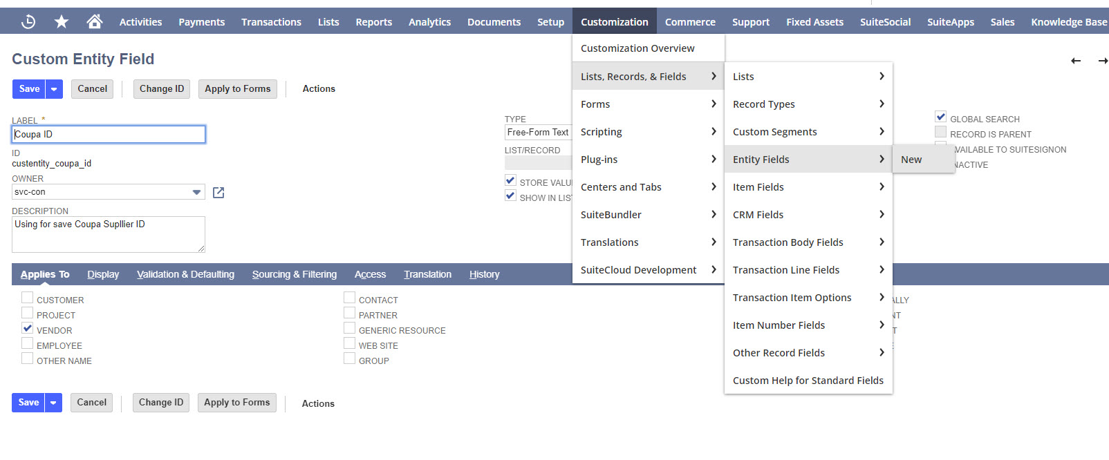 The image shows the Custom Entity Field page.