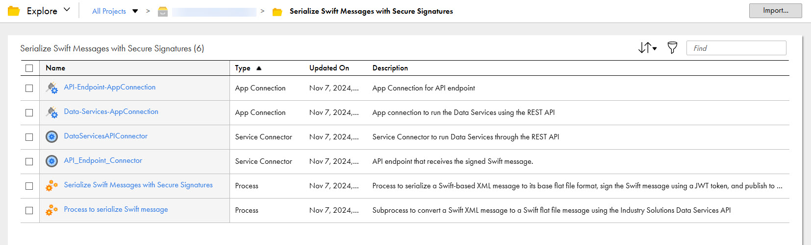 The image shows the assets that the Serialize Swift Messages with Secure Signatures recipe package contains.