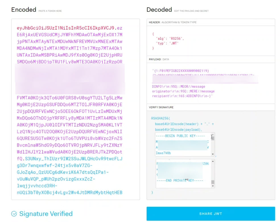 The image shows the JSON Web Tokens (JWT) application where you can decode the encoded payload using the private key and public key.