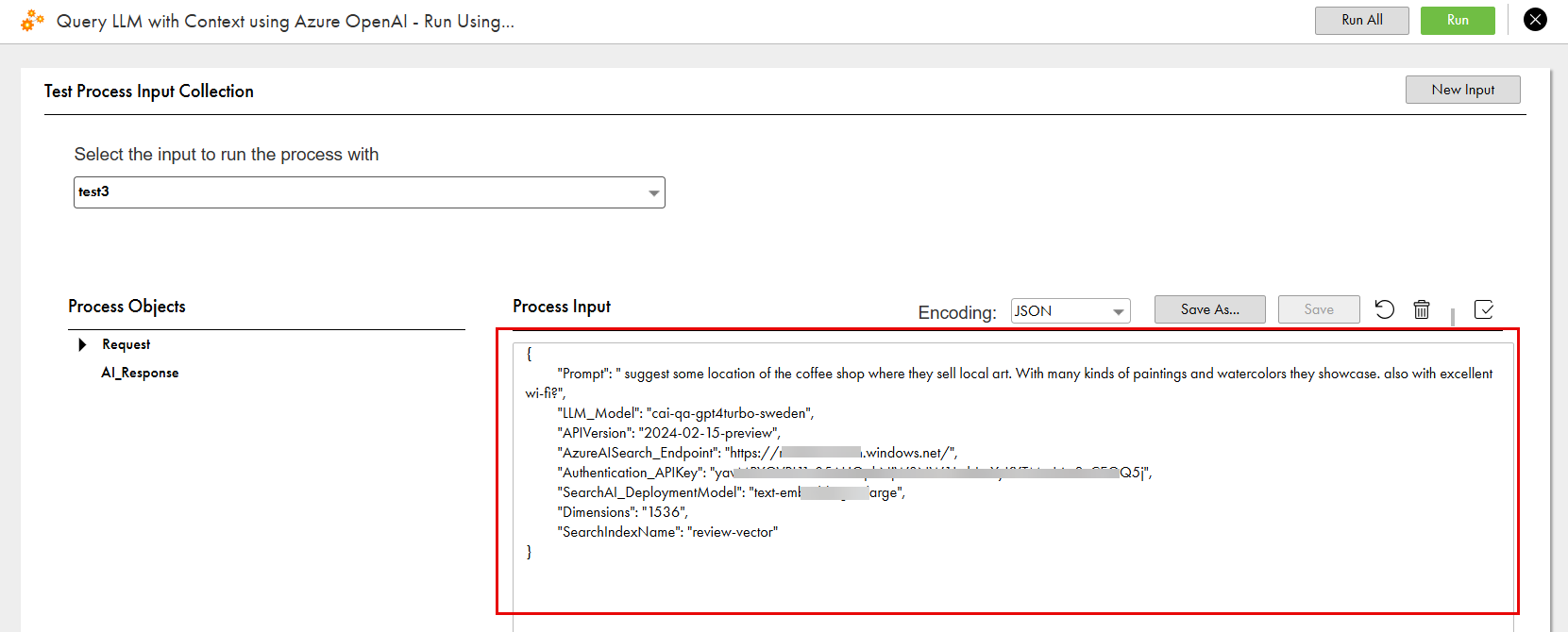 The image shows the sample input parameters that you can pass using the Run Using option.