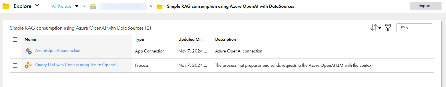 The image shows the assets that the Simple RAG Consumption using Azure OpenAI with DataSources recipe package contains.