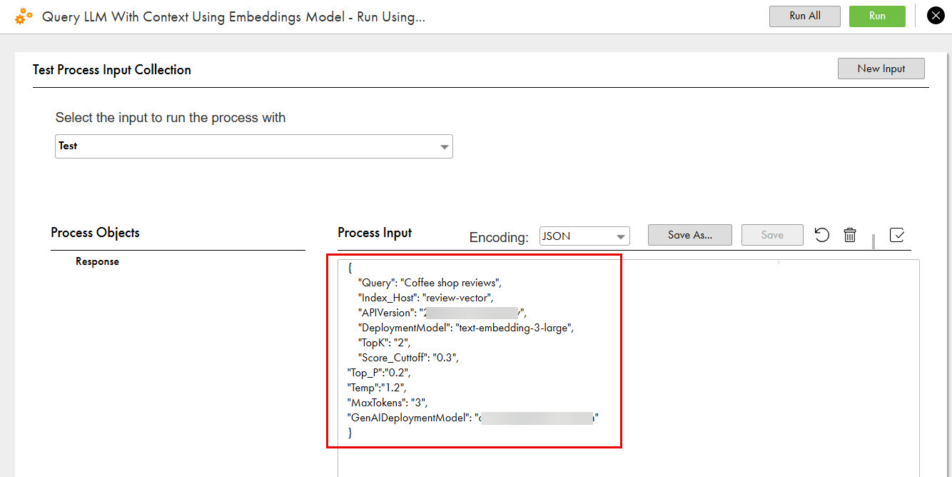 The image shows the sample input parameters that you can pass using the Run Using option.