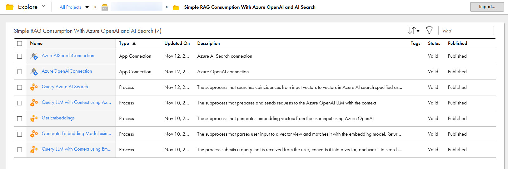 The image shows the assets that the Simple RAG Consumption with Azure OpenAI and AI Search recipe package contains.