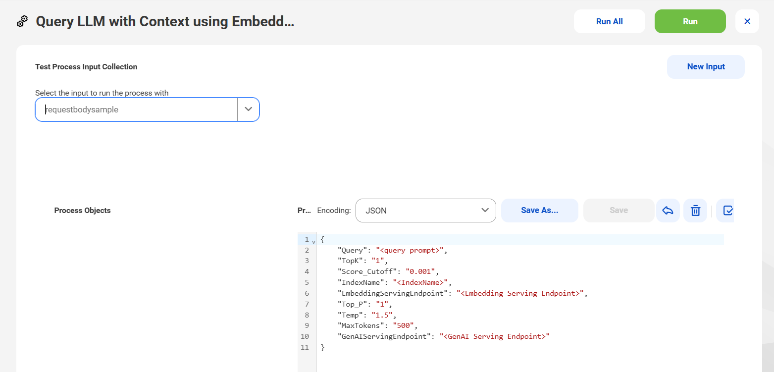 The image shows the Query LLM with Context using Embeddings Model - Run Using page with the input fields and values.