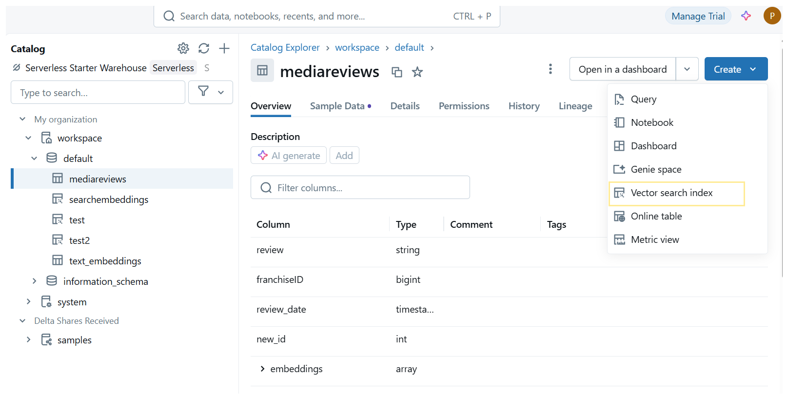 The image shows the vector search index option.