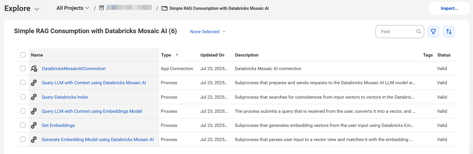 The image shows the assets that the Simple RAG Consumption with Databricks Mosaic AI recipe package contains. The image shows the assets that the Simple RAG Consumption with Databricks Mosaic AI recipe package contains.