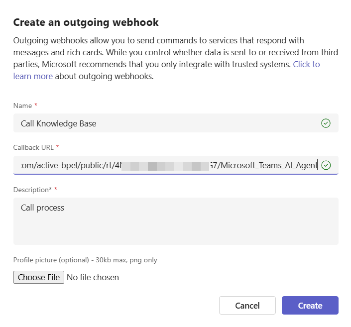This image shows the Create an outgoing webhook dialog box.