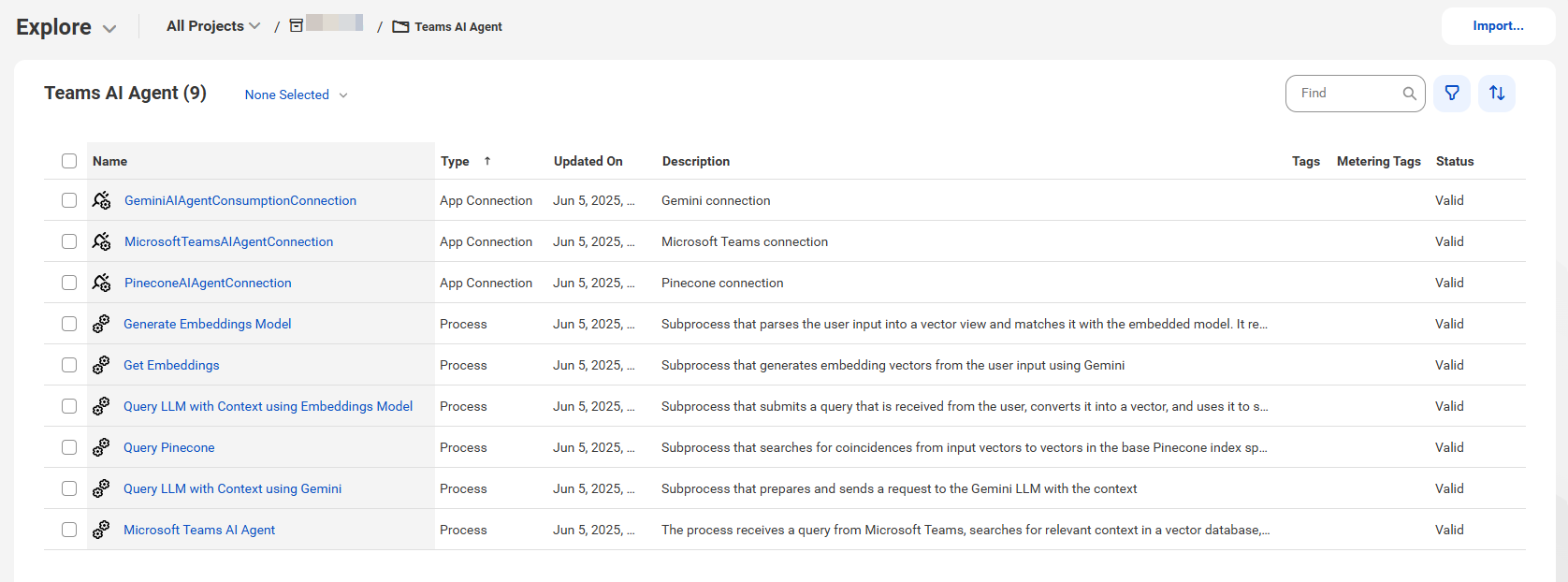The image shows the assets that the Simple RAG Consumption with Microsoft Teams AI Agent recipe package contains.