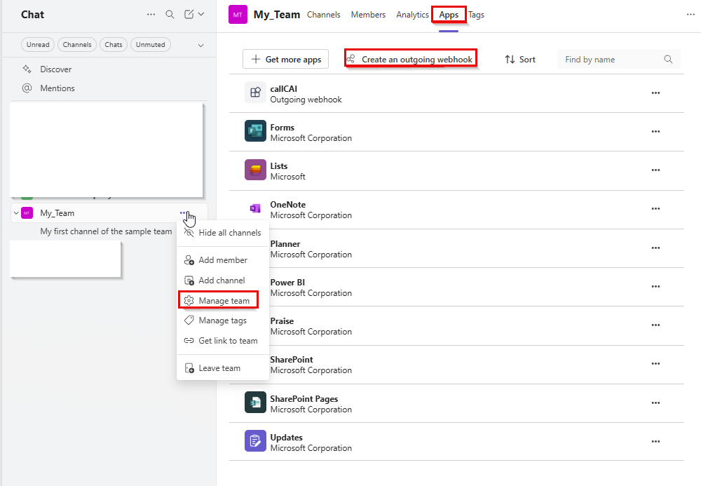 The image shows the steps to create an outgoing webhhook in the Teams app.