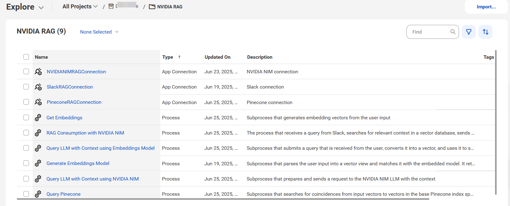 The image shows the assets that the Simple RAG Consumption with NVIDIA NIM recipe package contains.