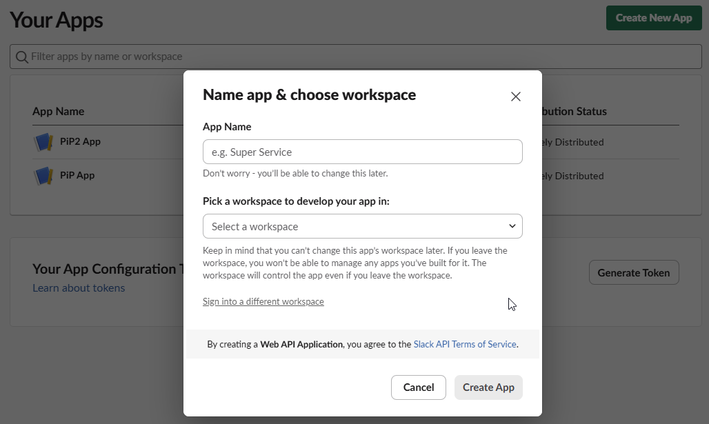 The image shows the Name app & choose workspace dialog box where you can enter the app name and select your workspace.